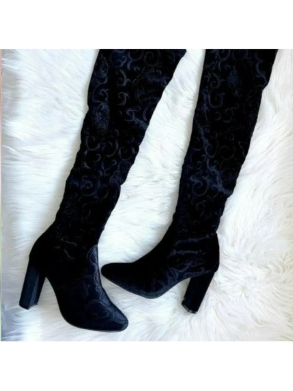 Black embroidered over the knee boots chunky block heel velvet